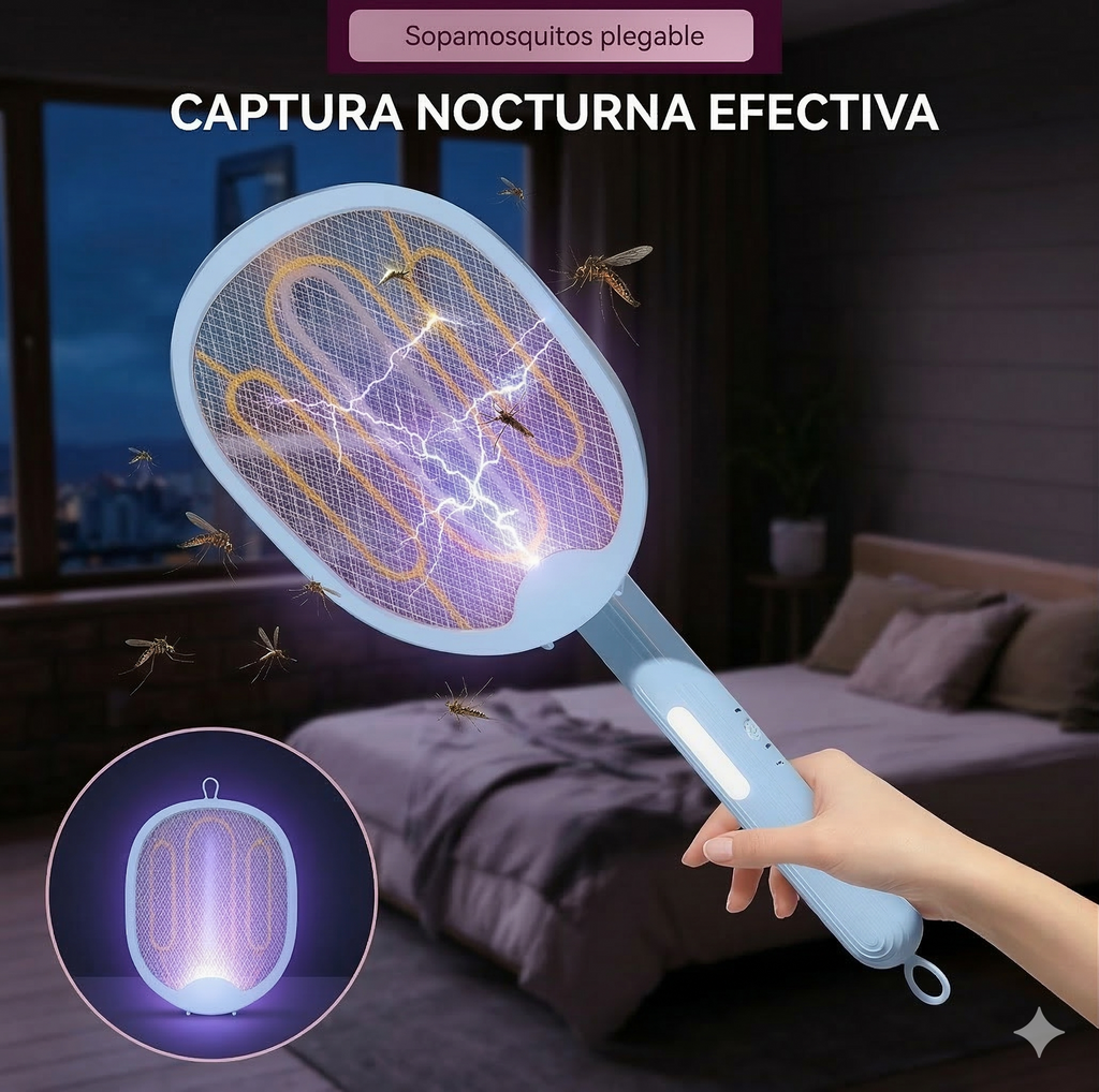 RAQUETA MATA MOSQUITOS RECARGABLE Y PLEGABLE