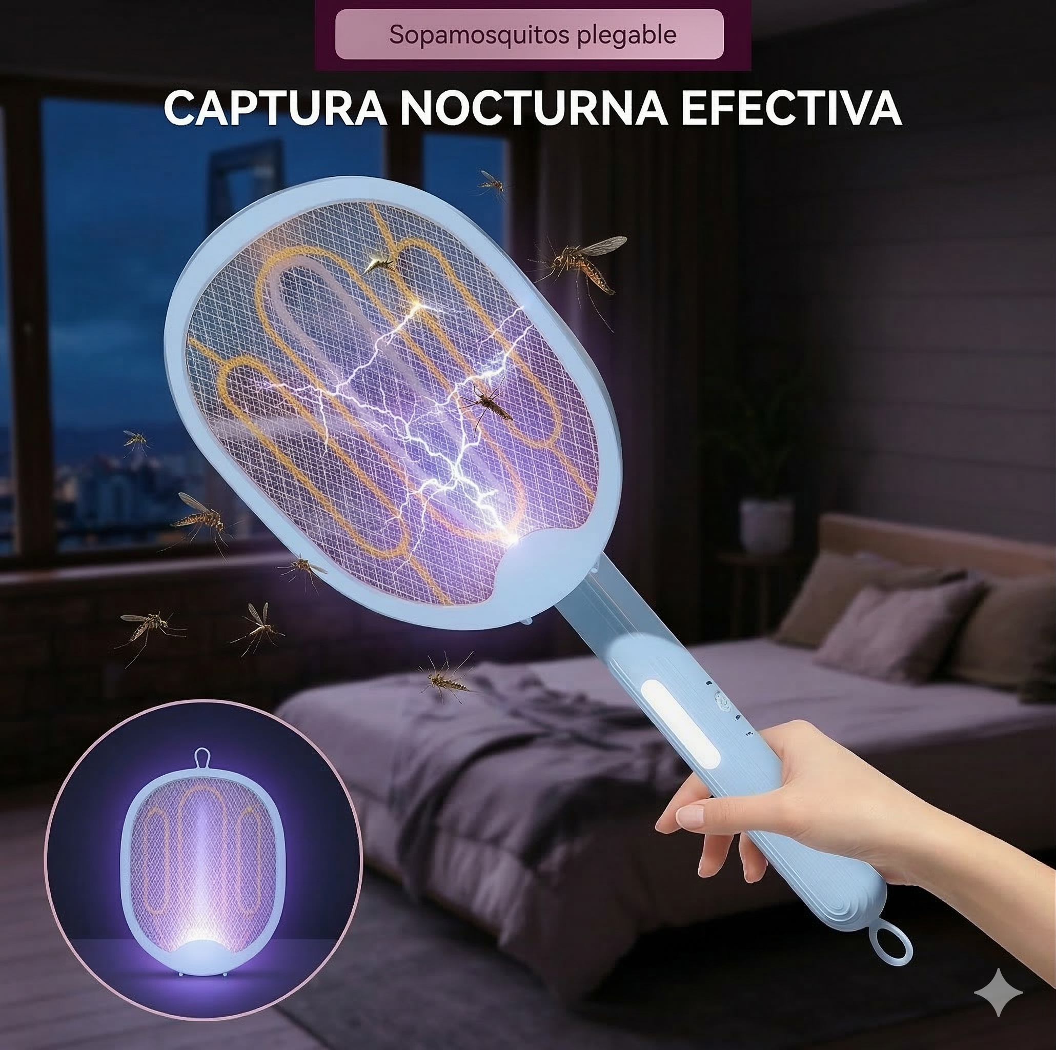 RAQUETA MATA MOSQUITOS RECARGABLE Y PLEGABLE