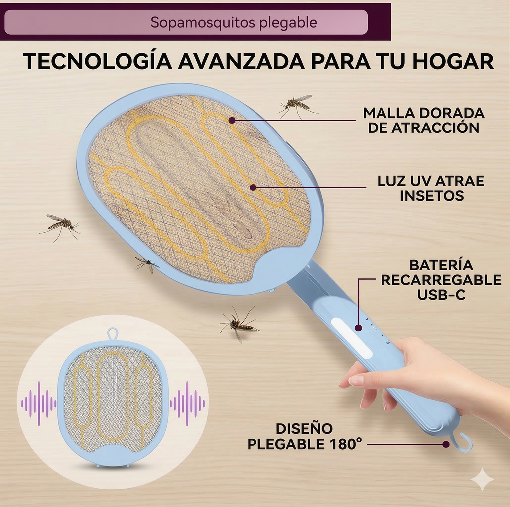 RAQUETA MATA MOSQUITOS RECARGABLE Y PLEGABLE